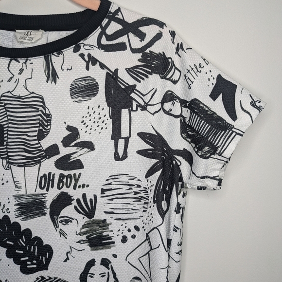 ZARA TRF Avant Garde Sketch Print Textured Sheath T-Shirt Dress in White & Black - Picture 4 of 12